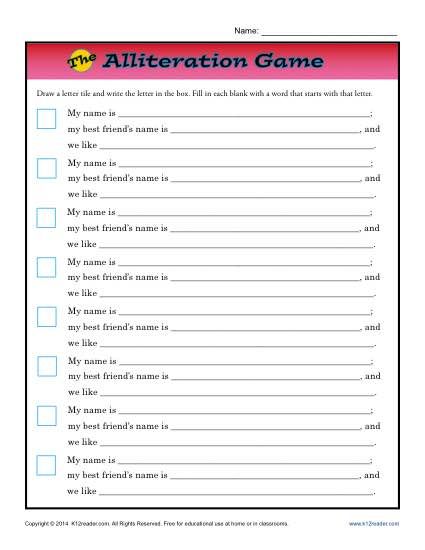 Alliteration Worksheets First Grade