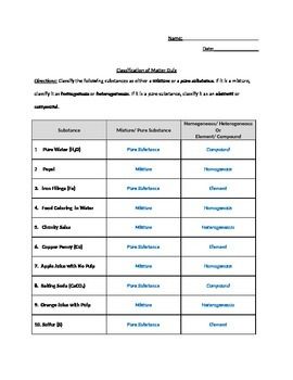 Classifying Matter Worksheet Key