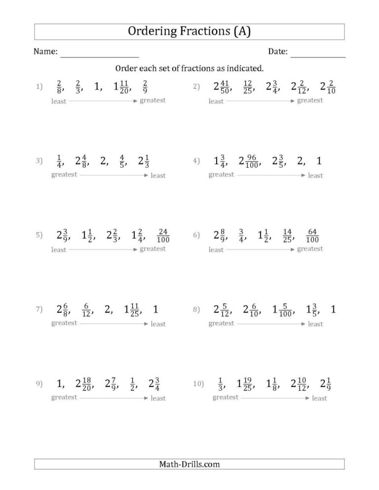 Ordering Fractions From Least To Greatest Worksheet Pdf