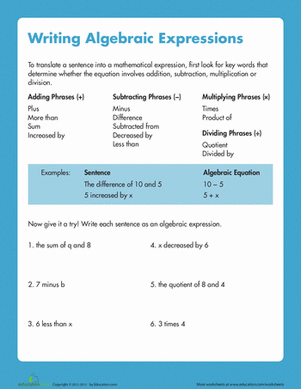 8th Grade Writing Algebraic Expressions Worksheet