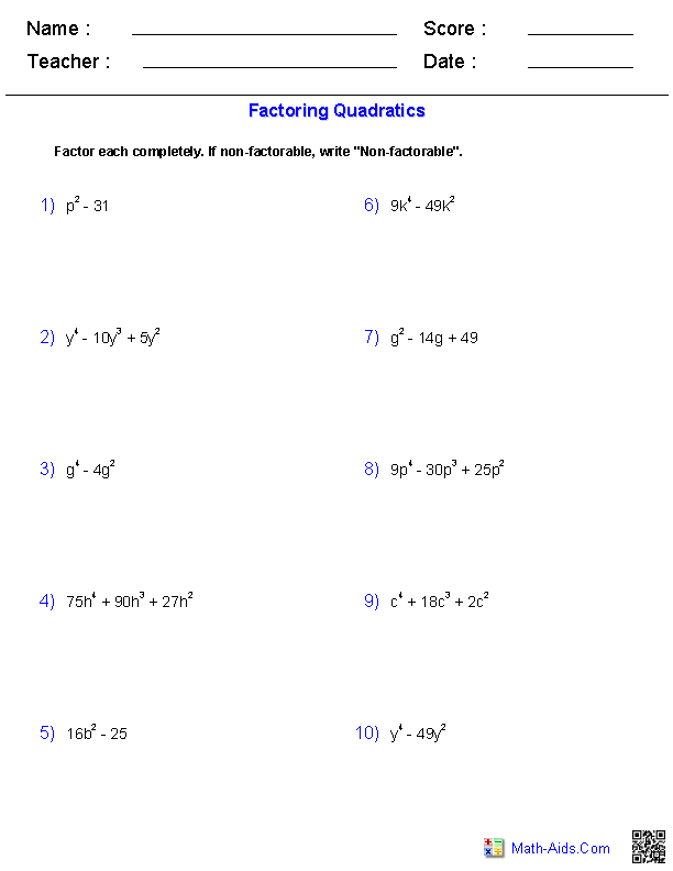 Factoring Trinomials Worksheets