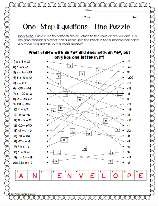 Solving One Step Equations Worksheet