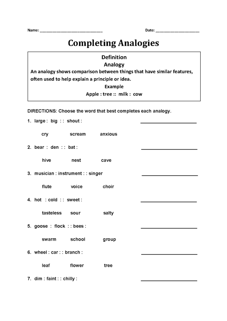 Analogies Worksheet 5th Grade