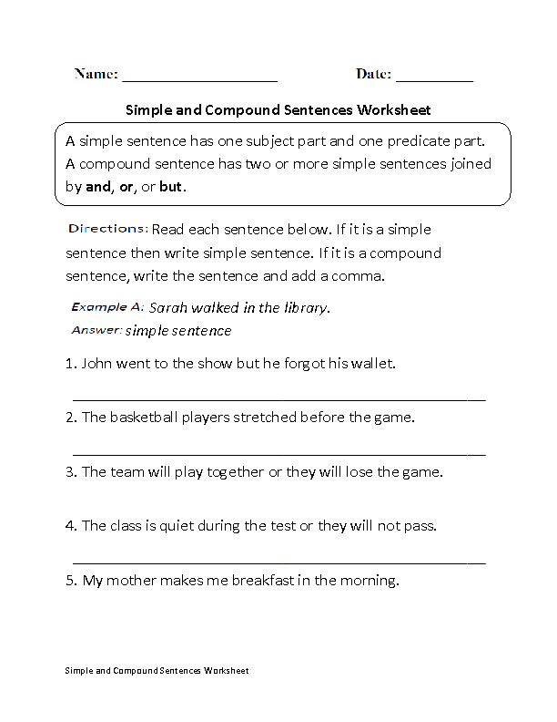 Compound Sentences Worksheet With Answers