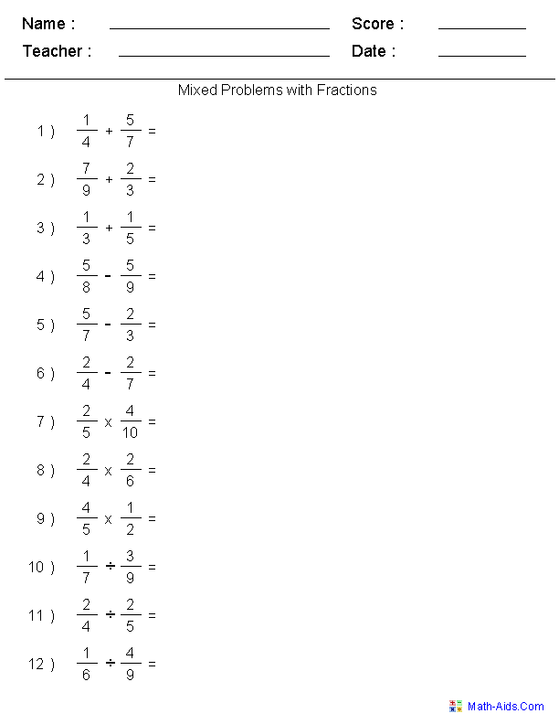 Adding Subtracting Multiplying And Dividing Fractions Worksheet With Answers Pdf