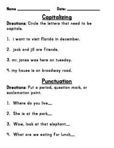 Capitalization And Punctuation Worksheets First Grade