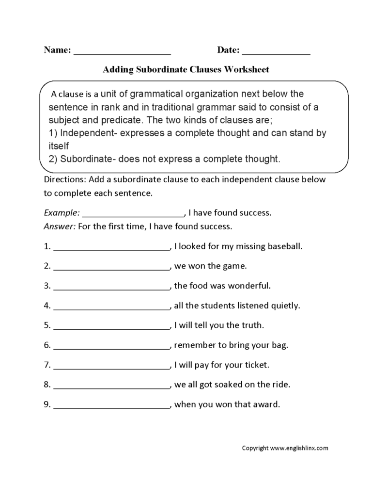 Subordinate Clause Worksheet Pdf