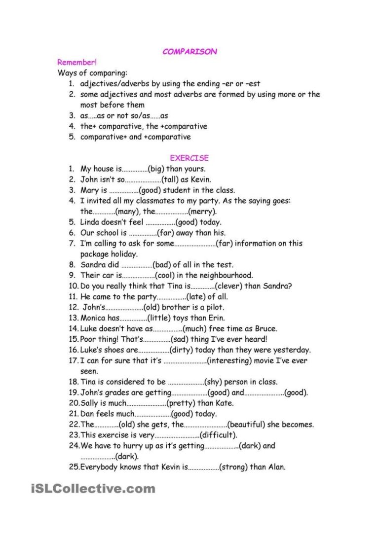 Degree Of Comparison Worksheet Grade 5