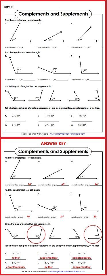 Complementary And Supplementary Angles Worksheet Answer Key