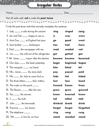 Regular And Irregular Verbs Worksheet Pdf