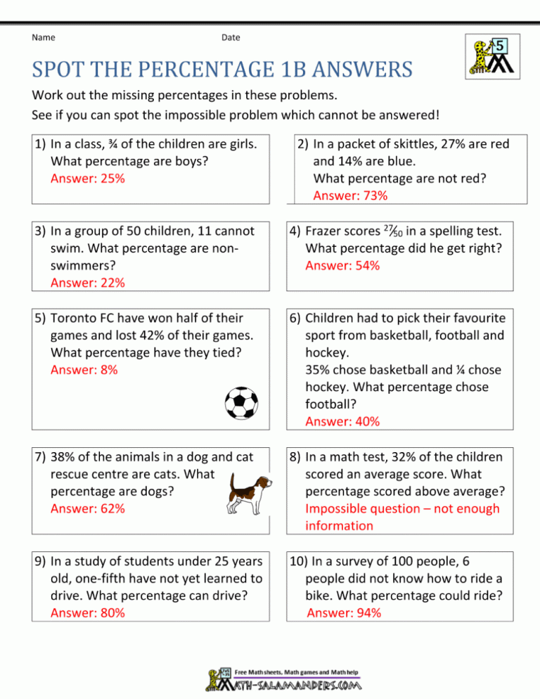 Percent Word Problems Worksheet Answer Key