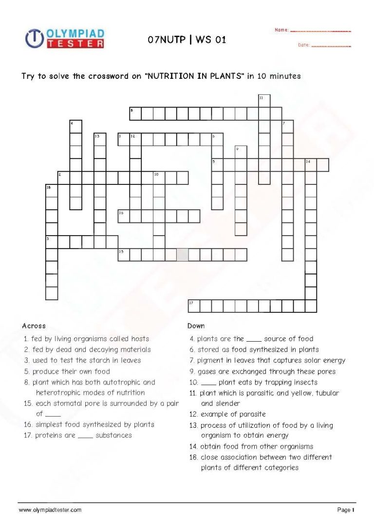 Nutrition In Plants For Class 7 Worksheet