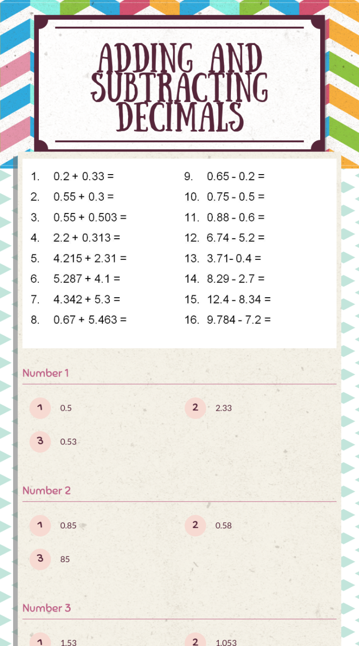 Subtracting Decimals Worksheet With Answers