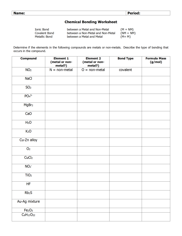 Ionic And Covalent Bonds Worksheet Answer Key