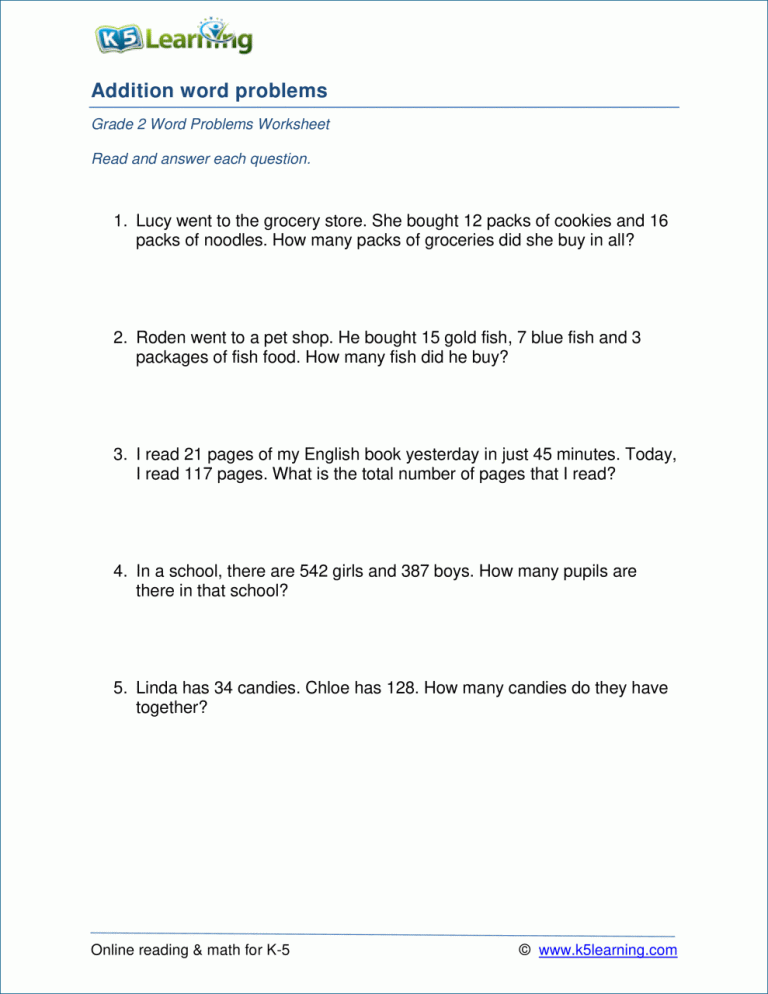 Adding And Subtracting Word Problems Worksheets Grade 2