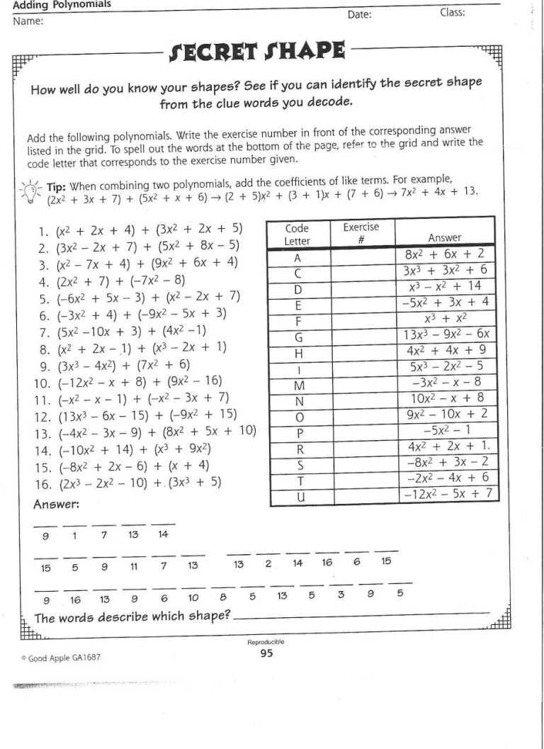 Adding Polynomials Worksheet