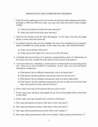 Permutations And Combinations Worksheet Answers