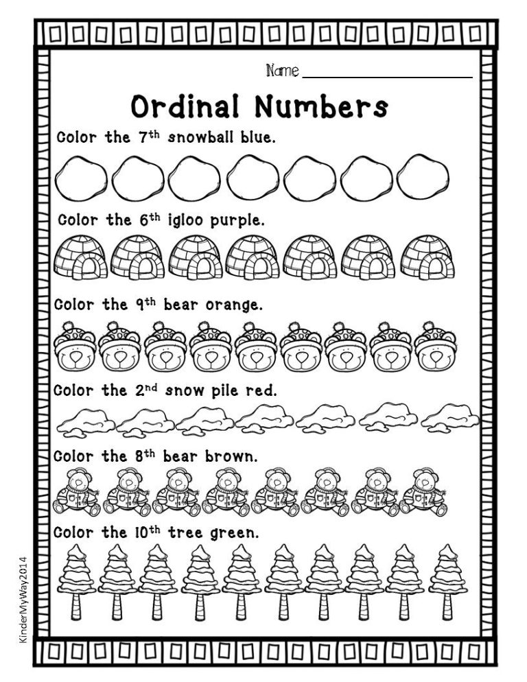 Ordinal Numbers Worksheet Kindergarten