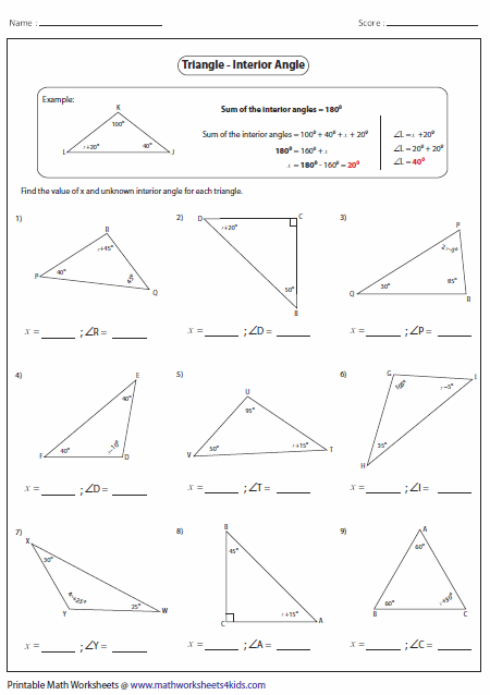 8th Grade Worksheet Triangle Sum And Exterior Angle Theorem