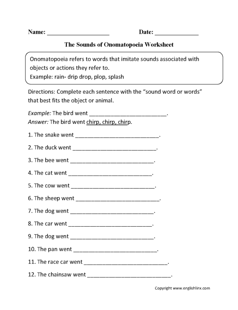 Onomatopoeia Worksheets With Answers