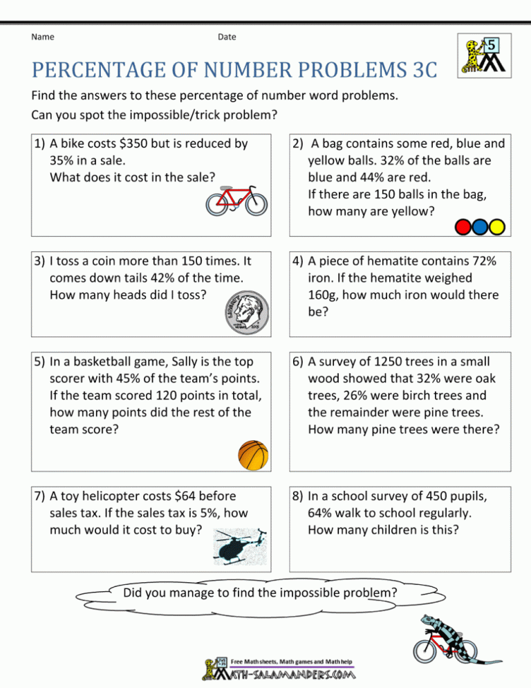 Percent Word Problems Worksheet With Answers