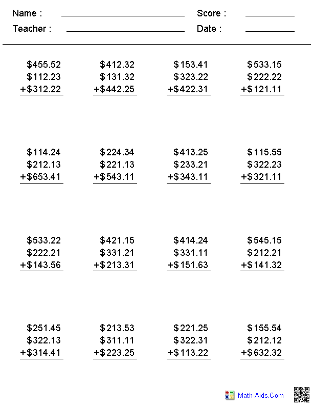 Math Aids Addition With Regrouping