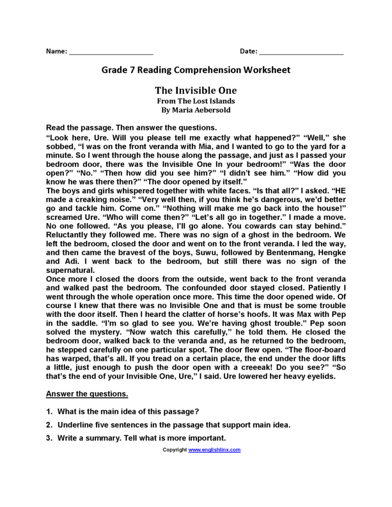 Printable Reading Comprehension Worksheets 7th Grade