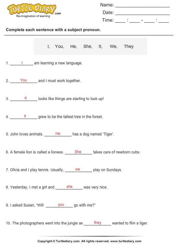 Subject And Object Pronouns Worksheets With Answers