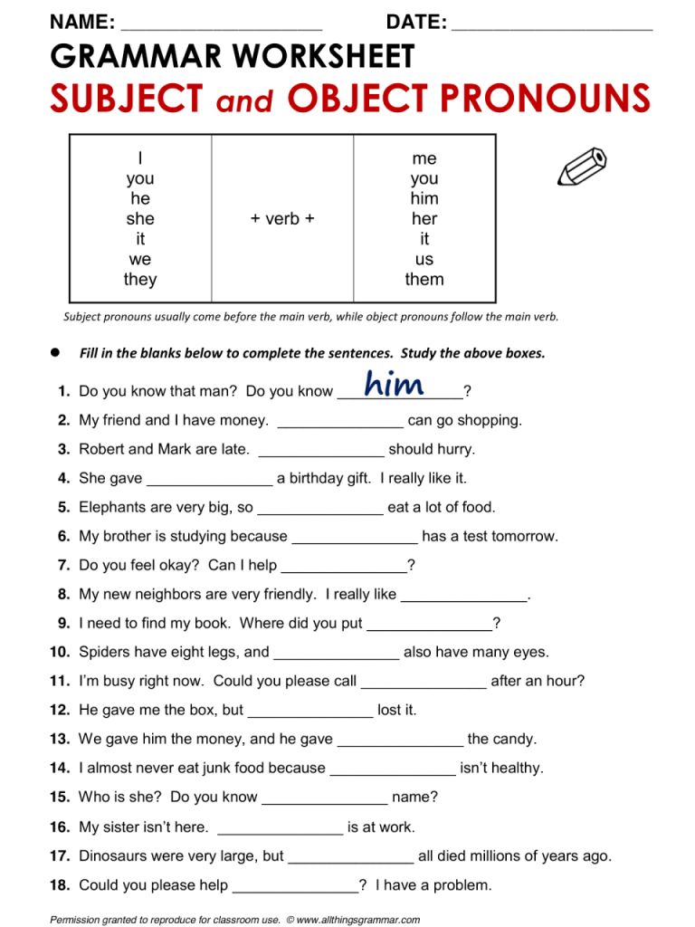 Personal Pronouns Worksheet With Pictures