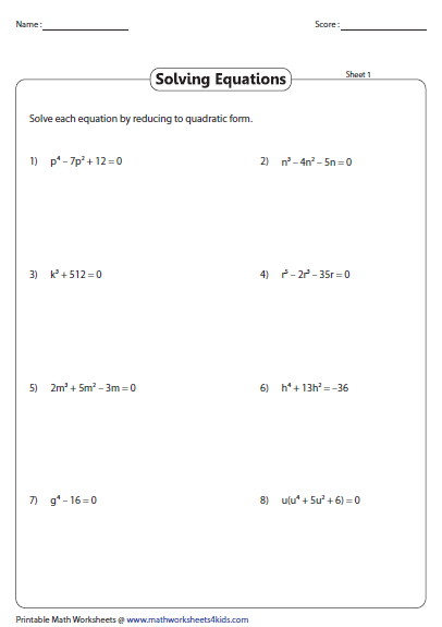 Quadratic Equation Worksheet With Answer Key