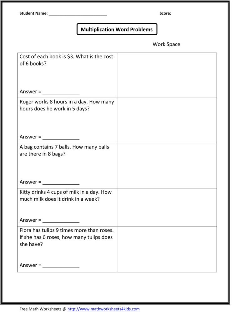 Math Worksheets Multiplication And Division Word Problems