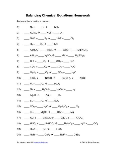 Answer Key Balancing Chemical Equations Practice Worksheet