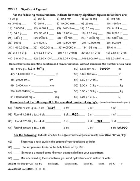 Significant Figures Worksheet Answer Key