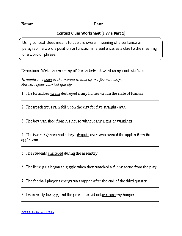 Language Arts Worksheets 7th Grade