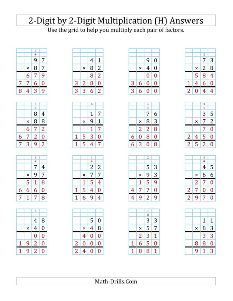 2 Digit By 2 Digit Multiplication Worksheets With Grids