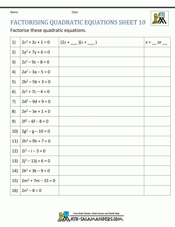 Quadratic Inequalities Worksheet Grade 9 With Answers