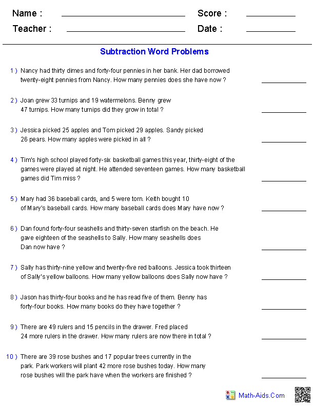 Subtraction Word Problems