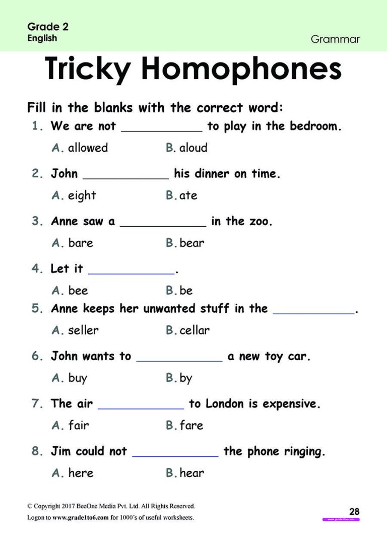 Free English Worksheets For Grade 2