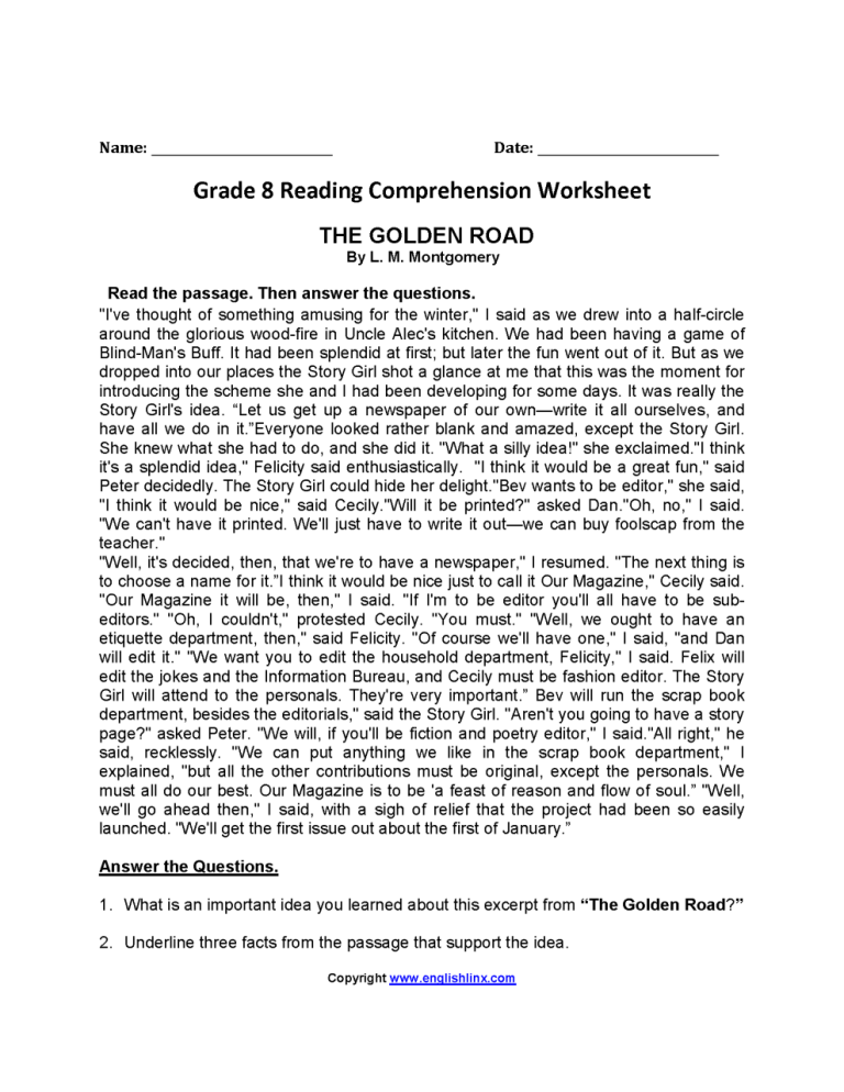 Reading Comprehension Worksheets For 7th Graders