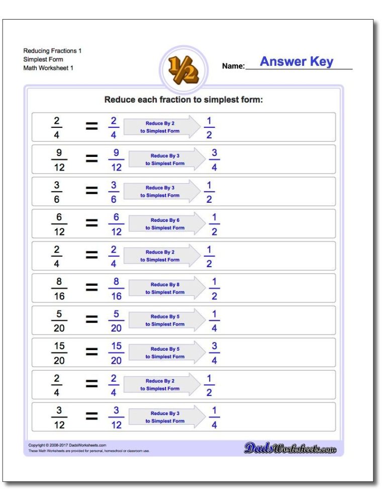 Reducing Fractions Worksheet Answers