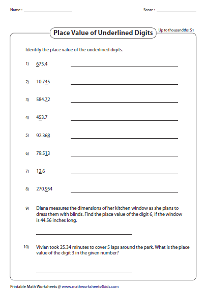 Decimal Place Value Worksheets