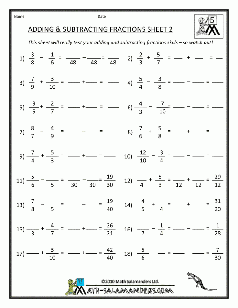 Subtracting Fractions Worksheets Grade 5