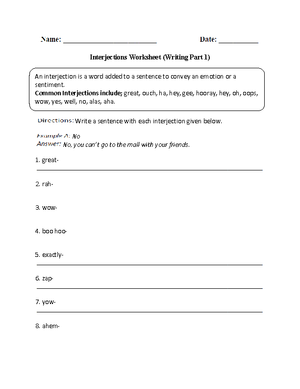 Interjections Worksheet Grade 4