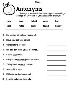 Antonyms Worksheet 3rd Grade