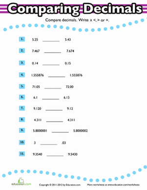 Comparing Decimals Worksheet 4th Grade