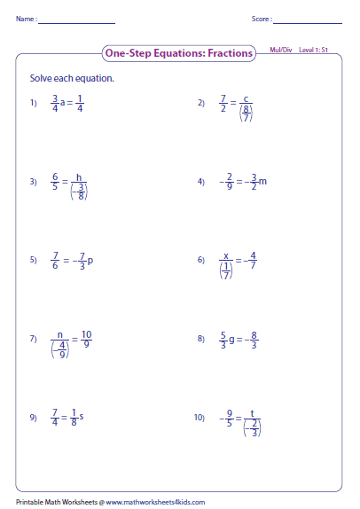 Solving Equations With Fractions Worksheet 7th Grade