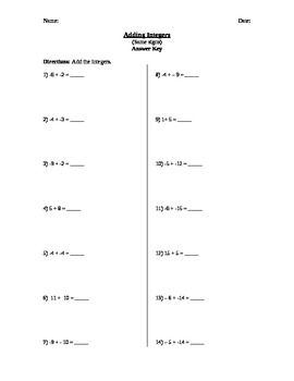 Adding Integers Worksheet