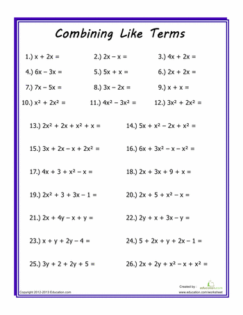 Combining Like Terms Worksheet 8th Grade Pdf