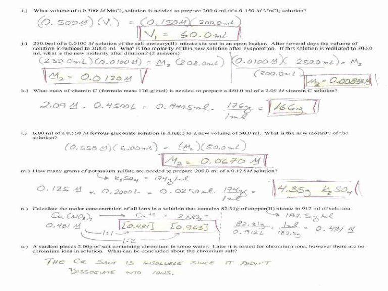 Molarity Worksheet With Answers