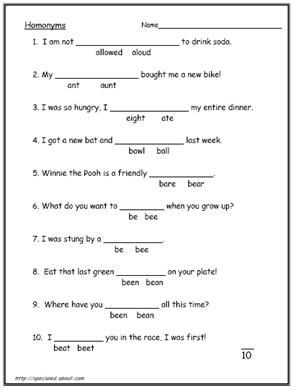 Homonyms Worksheets 1st Grade